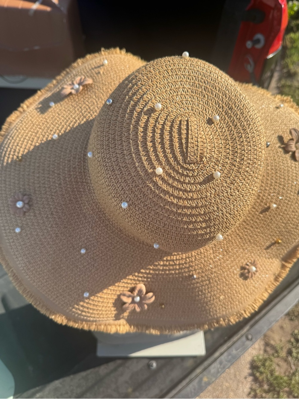 Woven Pearl Accent Straw Sun Hat - Tan